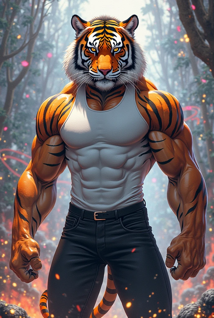 score_9, score_8_up, score_7_up, score_6_up, score_5_up, score_4_up, (solo), male anthro tiger, solo, forest, modern outfit, red jacket, topless, jeans, white hair, green eyes, black shirt, pecs, abs