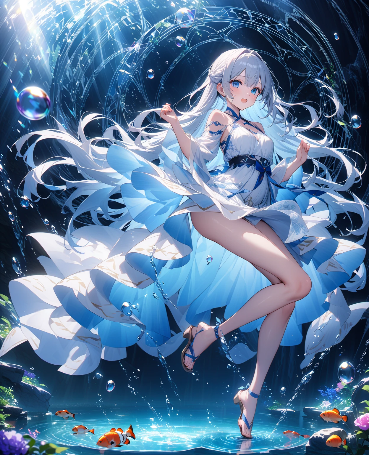 ((masterpiece, best quality)), Delicate face, Mermaid under the sea,Scales,whole body,Standing picture,Large Breasts,Gradient long wavy hair,Perfect body proportions,beautiful eyes,Extremely beautiful,transparent,Pure white background,Water Ripples,Sexy Lingerie,Lace