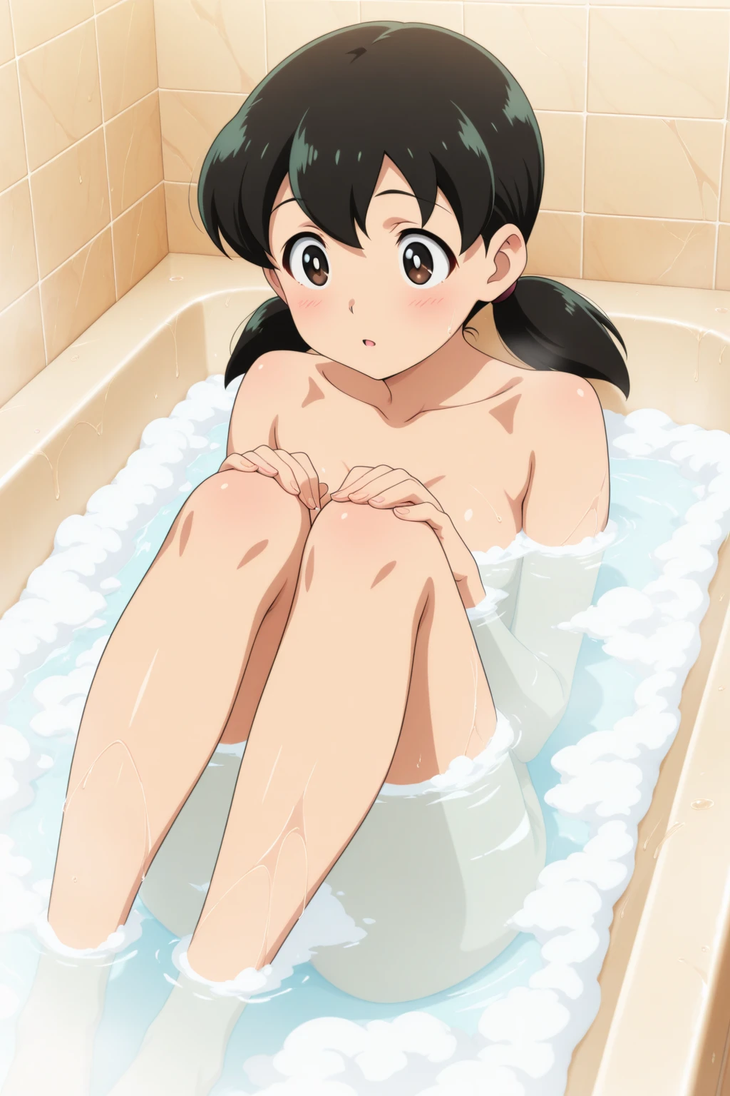 jadechan, short black hair, brown eyes, looking on ocean, shy, masterpiece, full length, beach, naked men in the background, flat torso, slim body, cute, open mouth, shiny sexy lips, face flushed with shame, pussy, wet body, wet hair, nude body, wet pussy, chibi body, cum from ass, thin legs, thin hands, ass spread, anus, ass, back view 