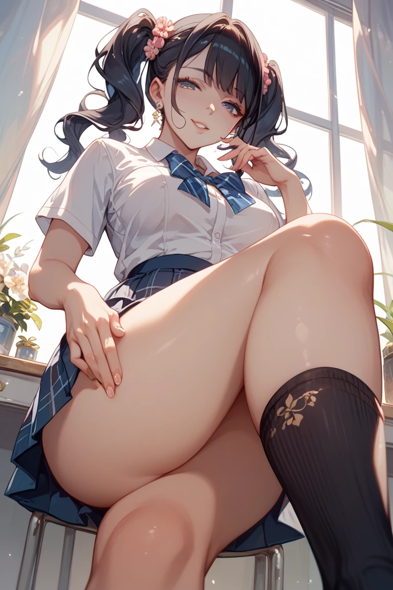 very cute and beautiful girl,(Very detailed美しい顔), (smile),blush,Black Hair,Seraphim,(White Shirt、Pleated navy blue pread your legs、Squat)、Sitting、(From below)、(Black tights、Lacy white panties), Country road, (Highest quality,masterpiece:1.0),Absurd,High resolution,Super detailed,Very detailed,32K,8k resolution, Intricate details,Movie Scenes,Detailed Background,alone,Dynamic Angle,