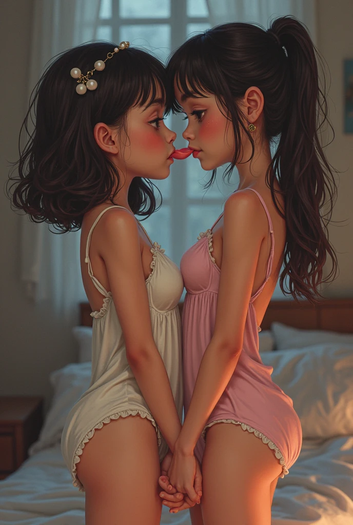 3 jeune lolita, très petits seins pointus,  topless, peau humide de sueur, avec deux tresses ,leurs jupes boliviennes, allongées enlacées au lit, caresses lesbiennes sous la jupe, small booty, open mouth orgasm, climax moan
