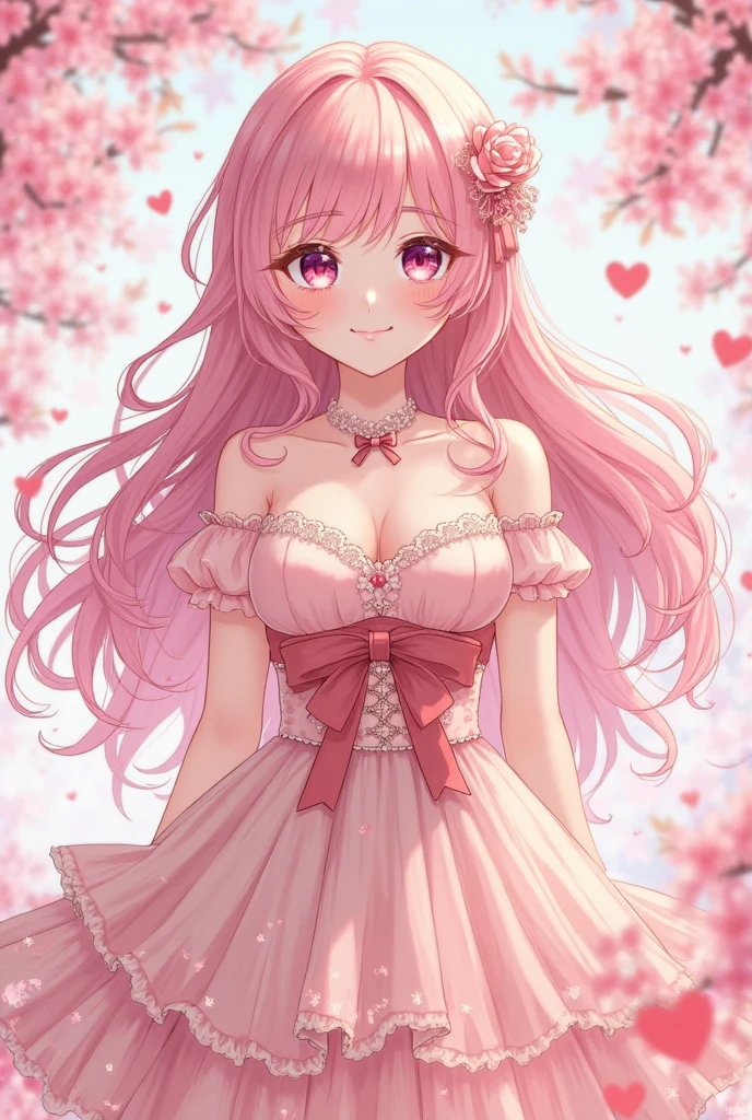 Pink brown hair,Long Hair,Pink Eyes,Drooping eyes,Large Breasts, smile, daughter,pink prom dresses,Anime Style,Moe character,cute,1,Clear,cherry blossoms