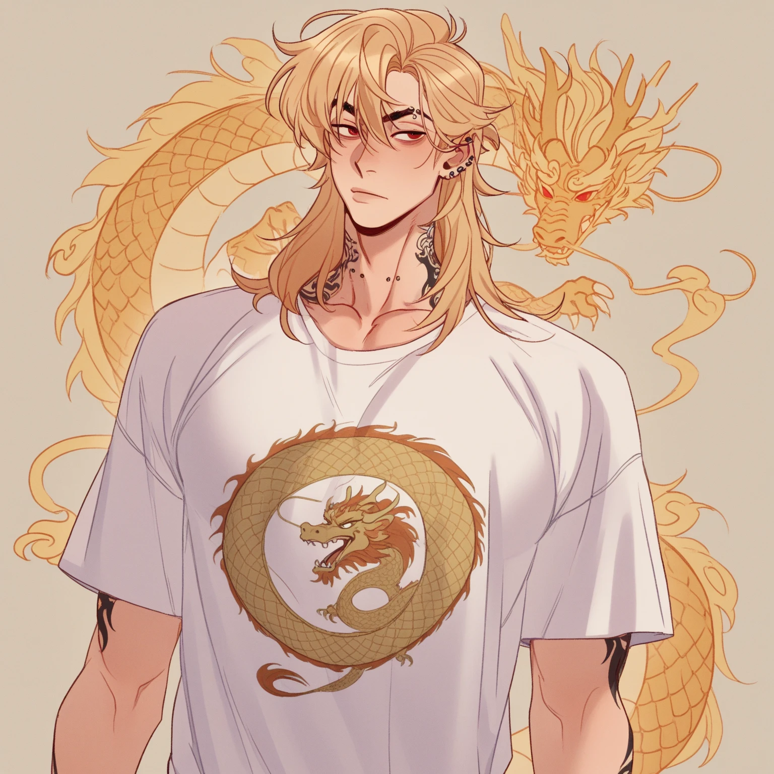 High definition images,Anime,man,very handsome,Golden hair and red eyes,ash black shirt,White pants with dragon pattern,The grassland background is very wide.,The sun rises in the morning