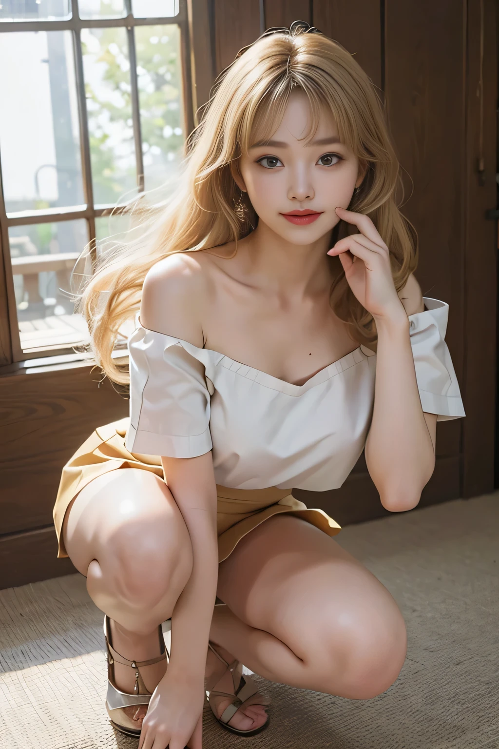 Highest quality、masterpiece、Ultra-high resolution、Realistic、RAW Photos、1 girl、Sexy Looks、Shoulder hair、The lower half of the body is curled and wild..、Cute Smile like a model、frontage、Her hair color is blonde、Red tight mini skirt、Regular high heels、Double Eyes、Apply mascara、Cute pose like a model、Cute Face、Gorgeous as a model、Ultimate beauty、Cute Smile、Bright smile、Masseter region、Highest quality、Office lady style mini skirt suit、Dubai&#39;Great cityscape、very cute、