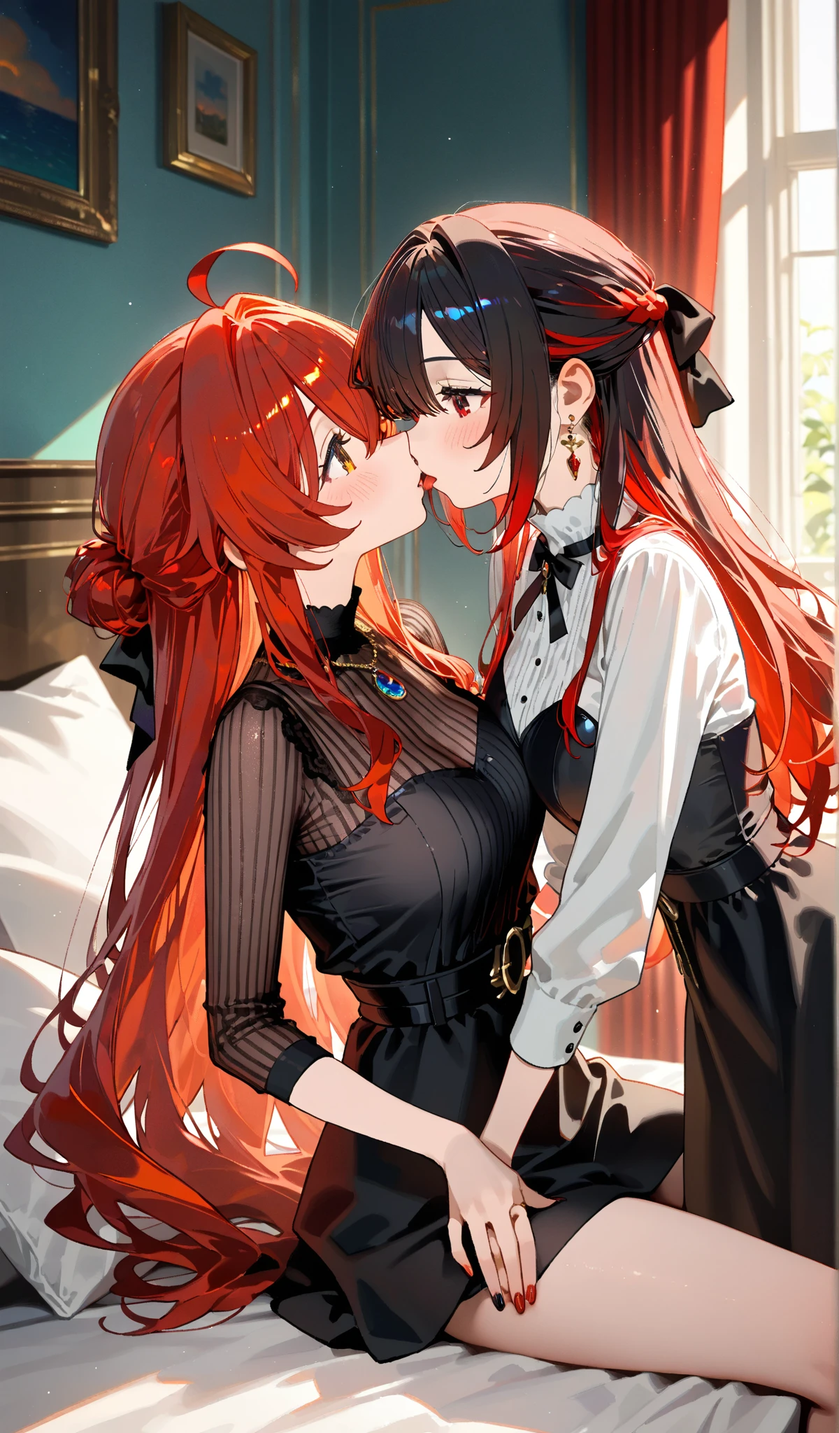 Beautiful、Men and women having sex、 femele、(Orange hair)、(shorth hair)、(Turquoise eyes)、a miniskirt、gothic lorita、(Black lace shorts)、large full breasts、thin-waist、thick thight、Blushing face、Posture with open legs、Black Bed、Cinematographic lighting、Sweaty face、 male people、(a blond)、(length hair)、(Thin face)、(large hands)、(Gothic style)、Hugging a woman