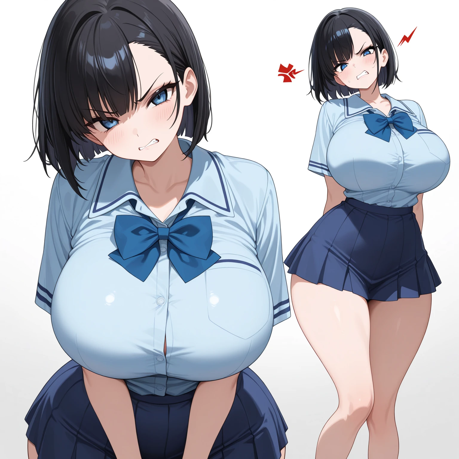 ((Table t○p, highest quality, Hi-Res Lucifer,Anime Screen Capture、Pixel perfect, 8k, nsfw)))、Perfect ???????、(((Huge breasts、Wide Hips、Wide ass、Hands on chest)))、(((Bobcut)))、(((School Uniform、Skirt Lift、White Shirt、Black Mini Skirt、Blue Stripe Bra、Blue striped panties)))、Sweat, vapor,(Yellow Eyes)、((Black Hair)), ((((:d、blush))))、(In town)、