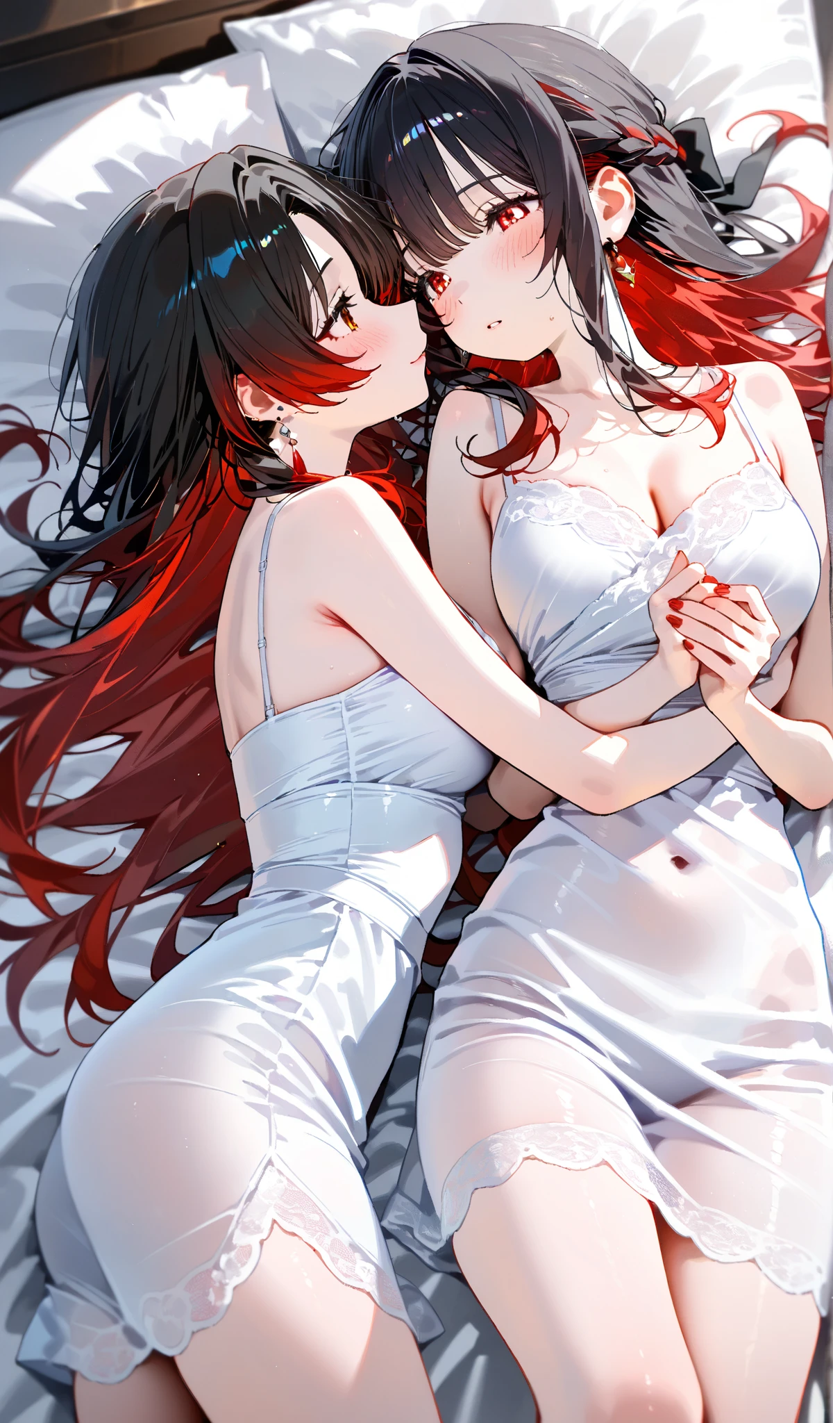 A red haired woman with red eyes is cupping the face of a black haired woman with brown eyes in nice dresses