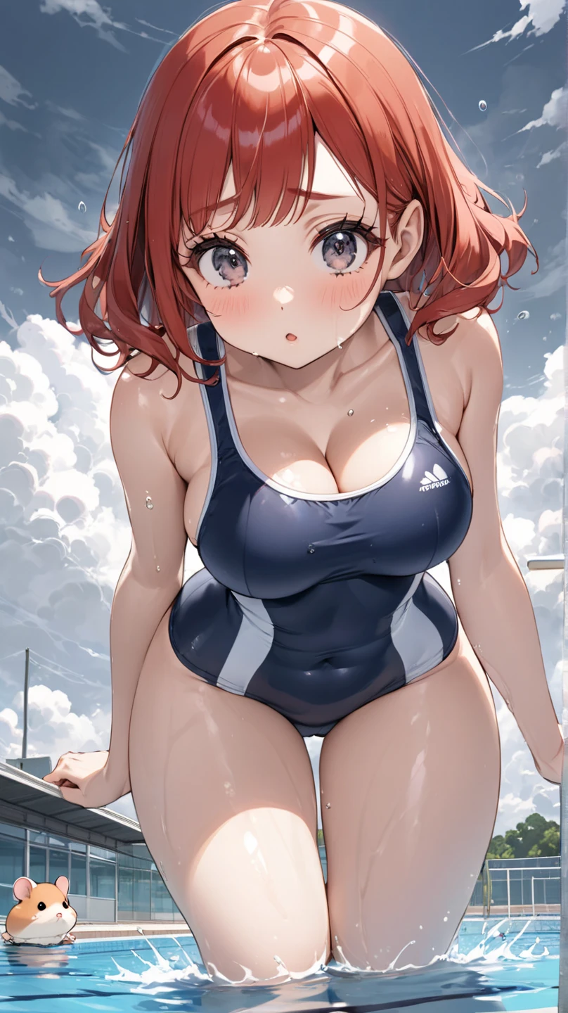 masterpiece、highest quality、Very detailed、Photograph the upper body、1 female、(Put your arms behind your back:1.4)、Are standing、Turn your body forward、View your viewers、(school swimsuit)、break,blush、shy、Pink Hair、Open your mouth、Sandy Beach、Big Breasts、
