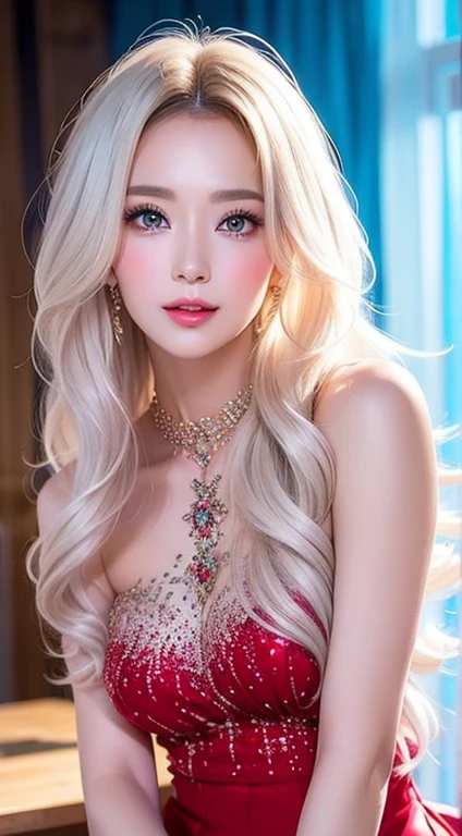 asian face, long white hair in a ponytail, blue eyes, big breasts, full body shot, bright pink super fancy lingerie, one woman, looking at viewer, masterpiece, ray tracing, best quality, sharp focus, ultra detailed, high resolution, 8k, UHD, beautiful detailed eyes, ultra-detailed, ((masterpiece)), ((best quality)), elaborate features, extremely detailed, extremely detailed face, perfect, bedroom background