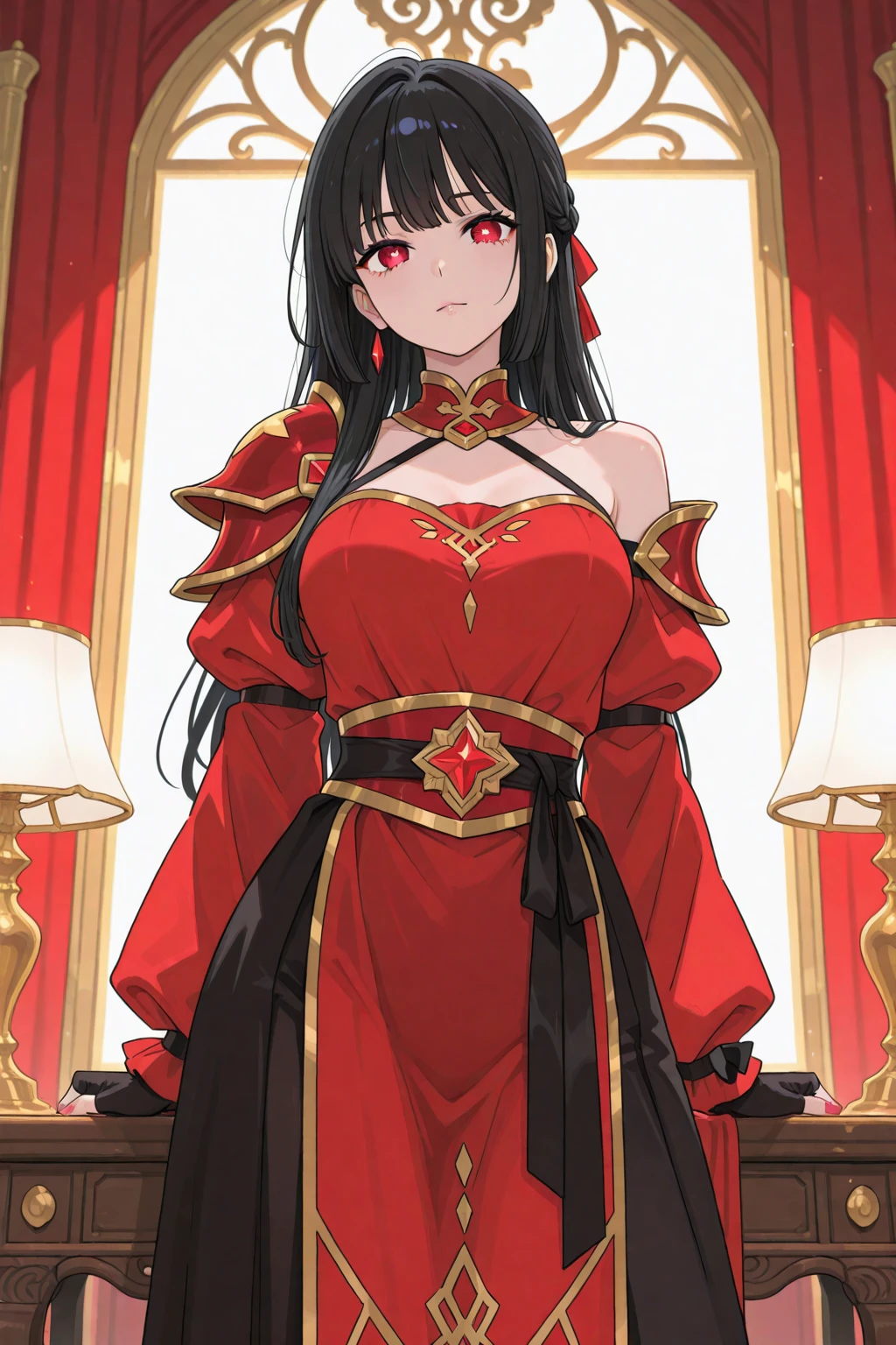 A woman wearing a very personalized red medieval maiden's dress with golden details, long black hair, golden bow in her hair, golden feather in her hair, red eyes, red heels, large breasts, background of a large luxurious medieval room, (room with carpet red, artistic frame, glass window), full body, surrealism, drop shadow, anaglyph, stereogram, tachi-e, pov, atmospheric perspective, depth of field, cinematic lighting, hyperrealism, 8k, super detail, precise, best quality, textured skin, high resolution, best quality, 8k, high details, UHD, bokeh effect. ( solo woman)