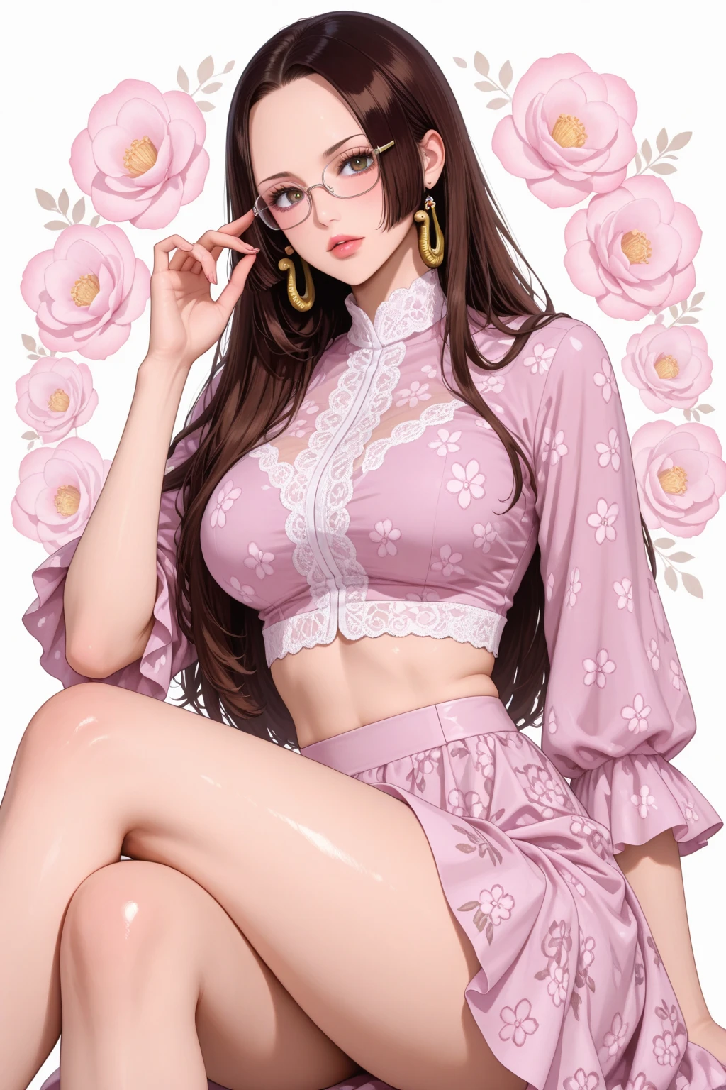 Beautiful and mature 70 year old Japanese woman, 1 female, Married women, Long eyelashes, Low Ponytail, Flowing Hair, Red lipstick, Pink Cheeks, Pearl Necklace, Earrings, Dark eyeshadow, wear glasses, Embarrassing, Small breasts, Flat Chest, ((Completely naked)), Beautiful body, Sit on the sofa, Hands behind back, ((Pink Background)), ((Full Body Focus)), Pussy, Browsing Caution