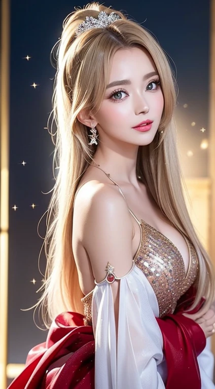 Blonde,light brown skin,Positive,cute,Gal,Flashy clothing,Smiling expression,Fancy Necklace,bracelet,Black Eye,