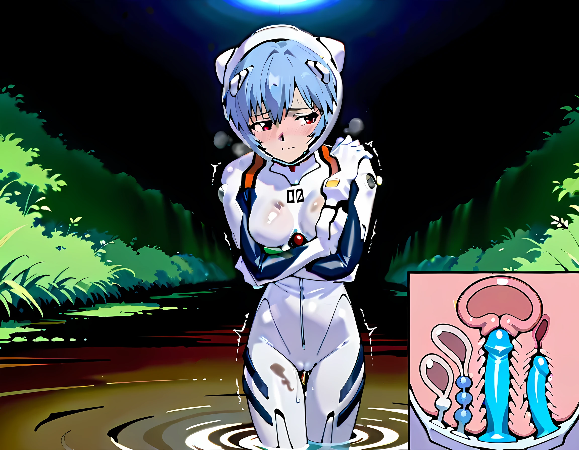 ((Highest quality, 8k wallpaper)),(masterpiece, Highest quality),Very detailed,High resolution,(Official Art:1.3),(((Anime screenshots,Black outline))),One girl,alone, Break mer1,(Rei Ayanami {Neon Genesis Evangelion,}1.2),masterpiece, best quality, outdoor, 1girl, Solo,red eyes,short hair,blue hair, (White plug suit:1.4), skin tight,(Tired look, A look of regret, Struggled, Half-closed eyes, fear, humiliation, Frightened, anxiety:1.3),(((Covered in sweat, Mass sweat, Sweating profusely,steam:1.7))), (looking back,kneeling, hands on floor:1.8), (Dirty Costume with mud,gym storeroom:1.5)(((sweat,Sweatdrop,flying Sweatdrops, sweating profusely,wet,wet clothes,wet hair,messy hair))),