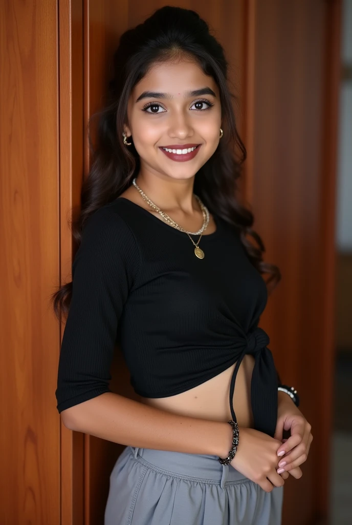 Smiling, A young 14 years old indian girl in a boho-chic outfit (blue crochet halter top and black maxi skirt) walking outdoors on a sunny day. Wears black maxi skirt, The background features lush greenery and soft sunlight filtering through trees. High-definition, DSLR photograph with shallow depth of field, bokeh effect. Camera settings: ISO 100, aperture f/1.8, shutter speed 1/1000s. --ar 16:9 --v 5, Short height, dynamic shadows, (side view:0.7)