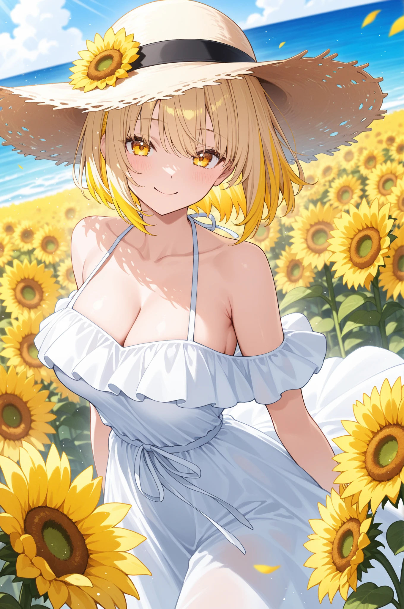 finest image, detailed, delicate, flashy and dynamic depiction, sunflower field, beautiful girl in a swimsuit shaped like a sunflower among tall sunflowers, smiling like the sun, professional sun lighting