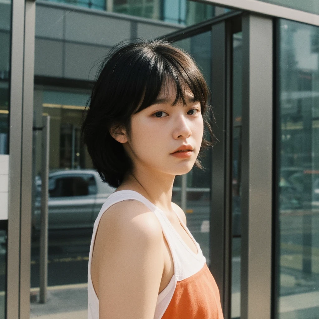 1 woman, black shorthair,tanktop, mini skirt, movie still, 30mm lens, polaroid, analog photo, vhs, lomo, masterpiece, best quality, (film grain:1.1), ultra high res, RAW