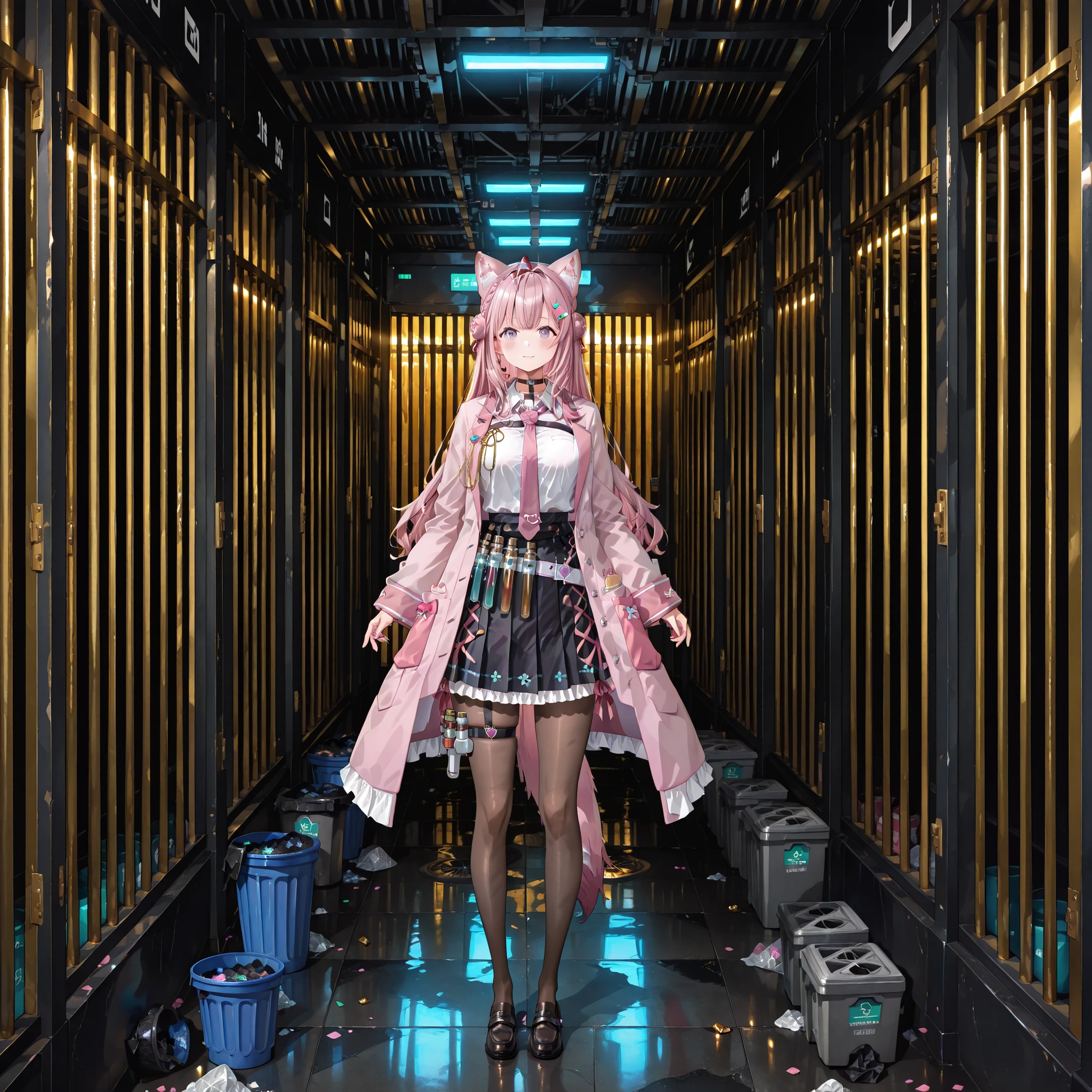 "Koyori Hakui" operates a machine that turns trash into gold bars, There are countless gold bars and trash scattered on the floor.