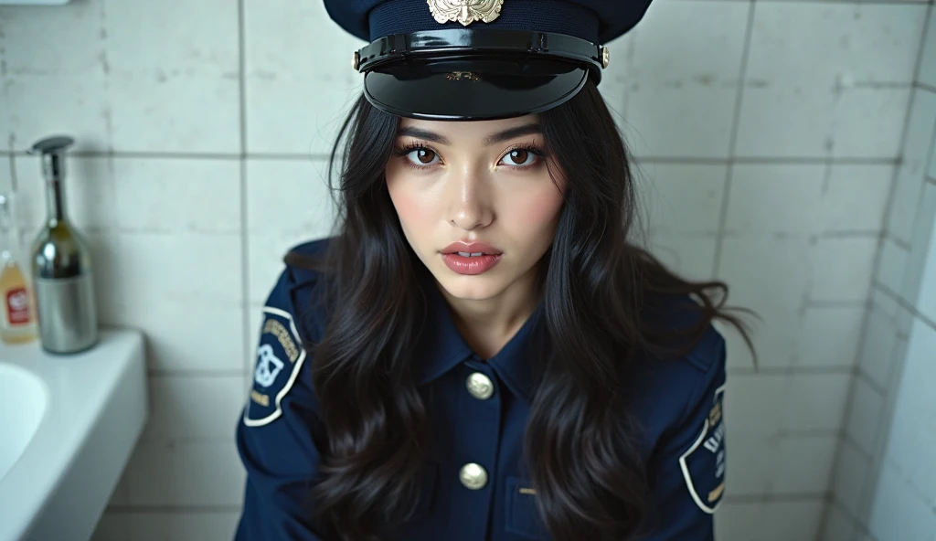 photo, ultrarealistic, extreme detail, detailed face, 1girl, (1ucy1iu:1.3), standing, police cell, (ponytail), american police uniform, police hat, badge, (from below), (angry), frowning, clenched teeth, upper body, dutch nagle, holding notepad