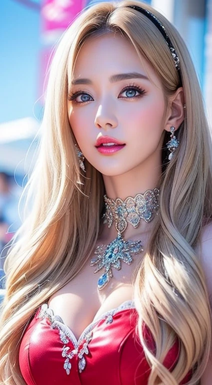 ((Highest quality, 8k, masterpiece :1.3)), Sharp focus :1.2, Beautiful woman with perfect figure :1.4, Slim Abs :1.2, ((Big Breasts, Emphasize cleavage:1.3)), (Photorealistic:1.4), (realistic:1.4), Highly detailed face and skin texture, Fine grain, double eyelid. Makeup face. A little bit of lipstick, Luxury hotel bedroom in the background, necklace, Earrings, sex appeal, Sexy gravure pose, ((A beautiful woman wearing a sexy red carpet dress is smiling and posing sexy in front of a film festival。Gorgeous long blonde hair。:1.3)