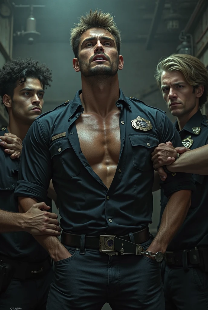 A group of muscular policemen wear leather clothes! Exposing chest muscles! Teach a handsome gangster and take off his clothes, just underwear! Touch and play with every part of his body. Chest muscles! Chest hair! Movie texture! The expression of struggle!!