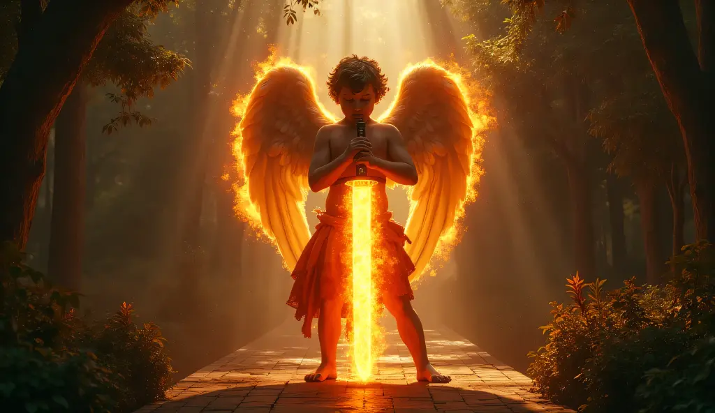 I want a cherubic angel with a flaming sword of fire in his hand guarding the ark of the covenant with his wings
