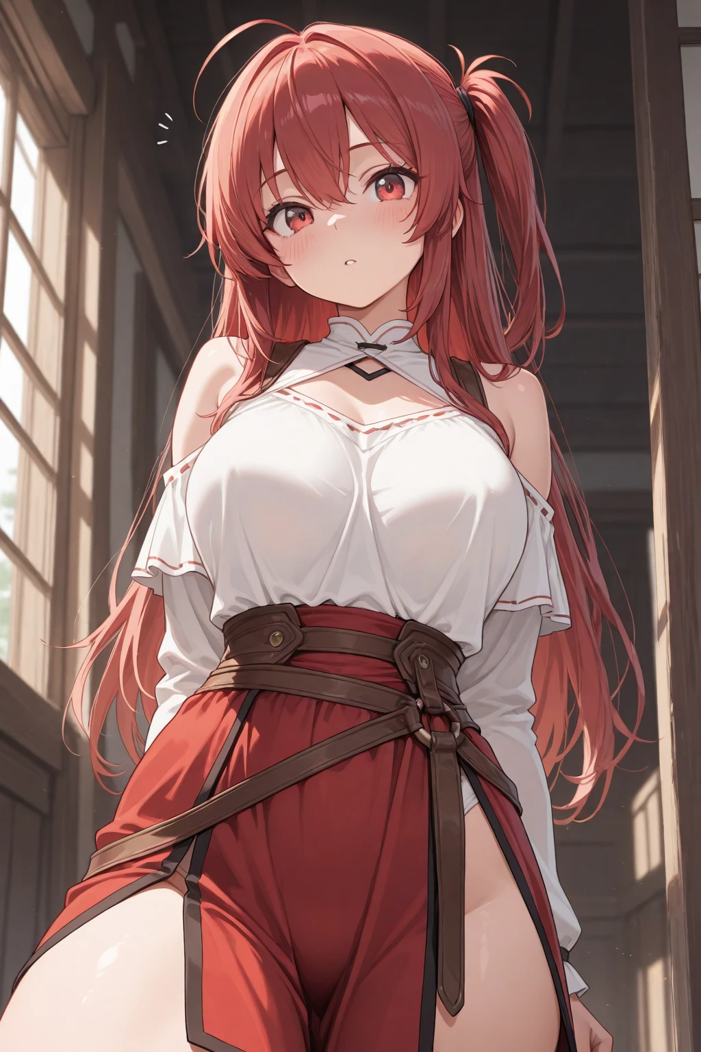((masterpiece,Highest quality:1.3)),1woman,30 year old beauty,独奏,((very small head:1.3)),red hair,long hair,blunt bangs,red eyes,gorgeous eyes,shy,medium breasts,((very long body:1.2)),((toned body,slender body,)),skinny,gleaming skin,shiny skin,sweat,(White Henley T-shirt、Long sleeve),((Red itting,rural area、sunny、Medieval Europe、