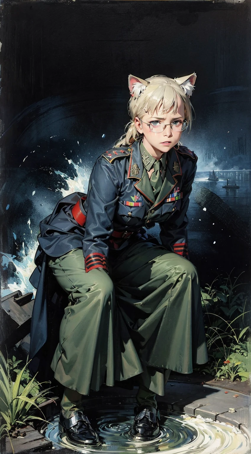 InquisitorKatarinyaGreyfax, 1girl, solo, detailed background, hat, desert battlefield backround, holding giant chainsaw, circular saw, weapon, armor, gauntlets, skull, axe, anime style,nice face,detailed eyes,skull shaped shoulder armor,action pose,intense fight, Photorealsitic、realistic skin textures、automatic rifle (mechanical armor with reference to a dung beetle), power pipes, hydraulic cylinders, ultimate intricate detail, Japanese female soldier in mechanical armor, very beautiful face, realistic, full body shot, sortie from secret base (8k, RAW photo, best quality, masterpiece:1.2), RanmaChan, RanmaRedShirt girl, cat ears, cat tail, (tears:1.1), exhausted, (parted lips:0.9), cute,
medium breasts, (sideboob:0.9),
sideless, torn frayed tattered tunic, torn frayed tattered socks,
sitting, wariza, leaning forward, ruins, crumbling world, storm, black hole, puddle,
sharp focus, looking at viewer,
(intricate:1.1), (dark blue theme:1.1), (dark blue tone:1.1), (grey tone:1.1), illustration, (anime coloring:1.1), modesta, tiro remoto, Detalhe bonito rosto delicado, Olhos delicados bonitos detalhados, perfect facial proportions, High definition skin, pele fina, best four inch aspect ratio. Com um polegar, uma obra-prima, altamente detalhado, Realistic, (German World War II general uniform reference : 1.8), the highest facial resolution, , mulher modestamente vestida, vestido inteiramente, ( pequeno, cabelos pretos, black franja reta, super thin braids, franja reta, Red glasses, olho verde escuro, science fiction, Fighter aircraft, standing On the landing of a Fighter aircraft, the agency, uma personalidade profundamente inteligente, A calm expression, um rosto respeitoso, uma guerra, a Fighter aircraft BIGHIP BIGASS FUCKOFF FUCKFUCKFUCK