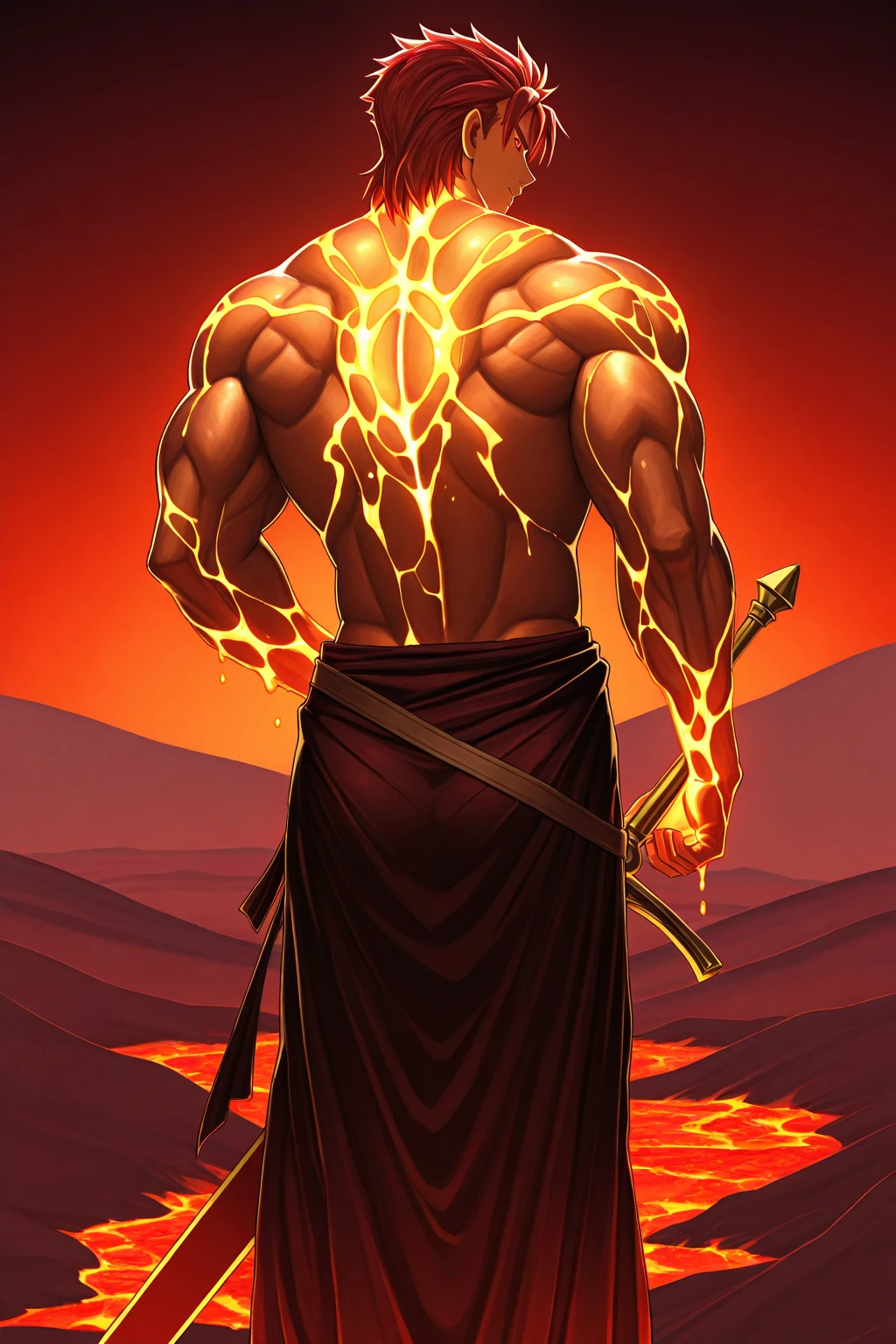 ((Confident pose:1.5)), a painting of a (((muscular))) man with water Aura, large body of water surrounds man, The God Poseidon, ((thick muscular thighs)), The God of the Sea, gold loincloth, divine, ((colored red skin)), colored skin, ((red skin:1.5)),((light red face)), ((red legs)), ((light red arms)), ((red feet)), Like an Atlantean, ((no hair)), veiny biceps, chiseled abs, muscular legs, bald head, masterpiece, 8k