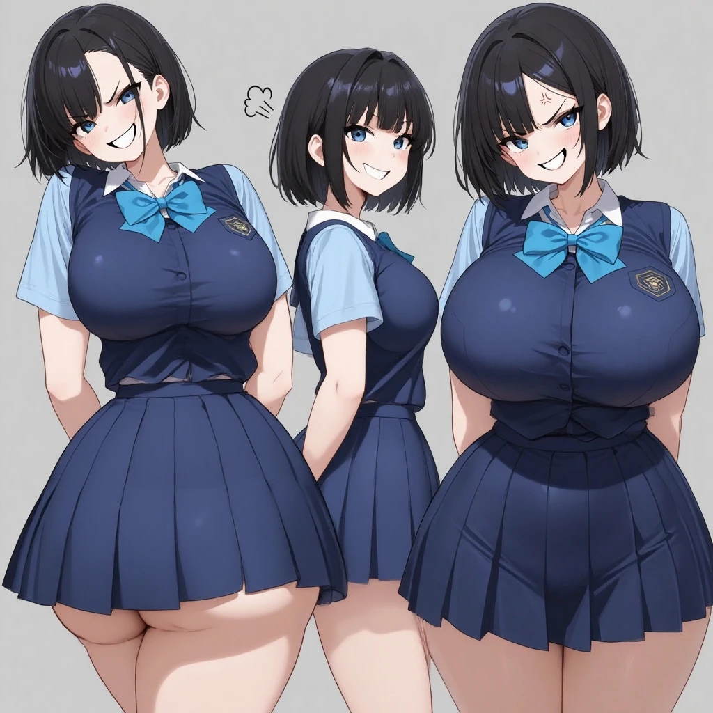 3 girls, variety of hairstyles, ((white background)), full body, multiple views, dragon horn, white outfit, thong, shrug, leotard, cleavage, short tie, school,