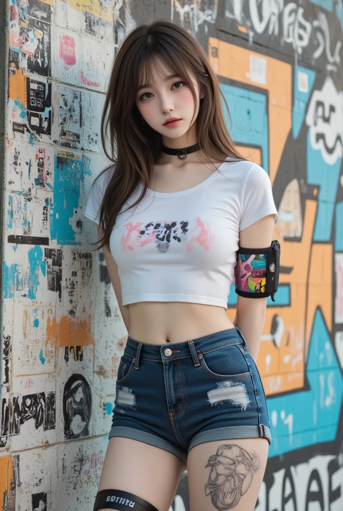 masterpiece, best quality, 1 girl, alone, crop top, Denim shorts, collar, (Graffiti:1.5), paint splatter, Put your arms behind your back, against the wall, looking at the audience, armband, thigh strap, Apply to body, head tilt, boring, colorful hair, aqua eyes, earphone,