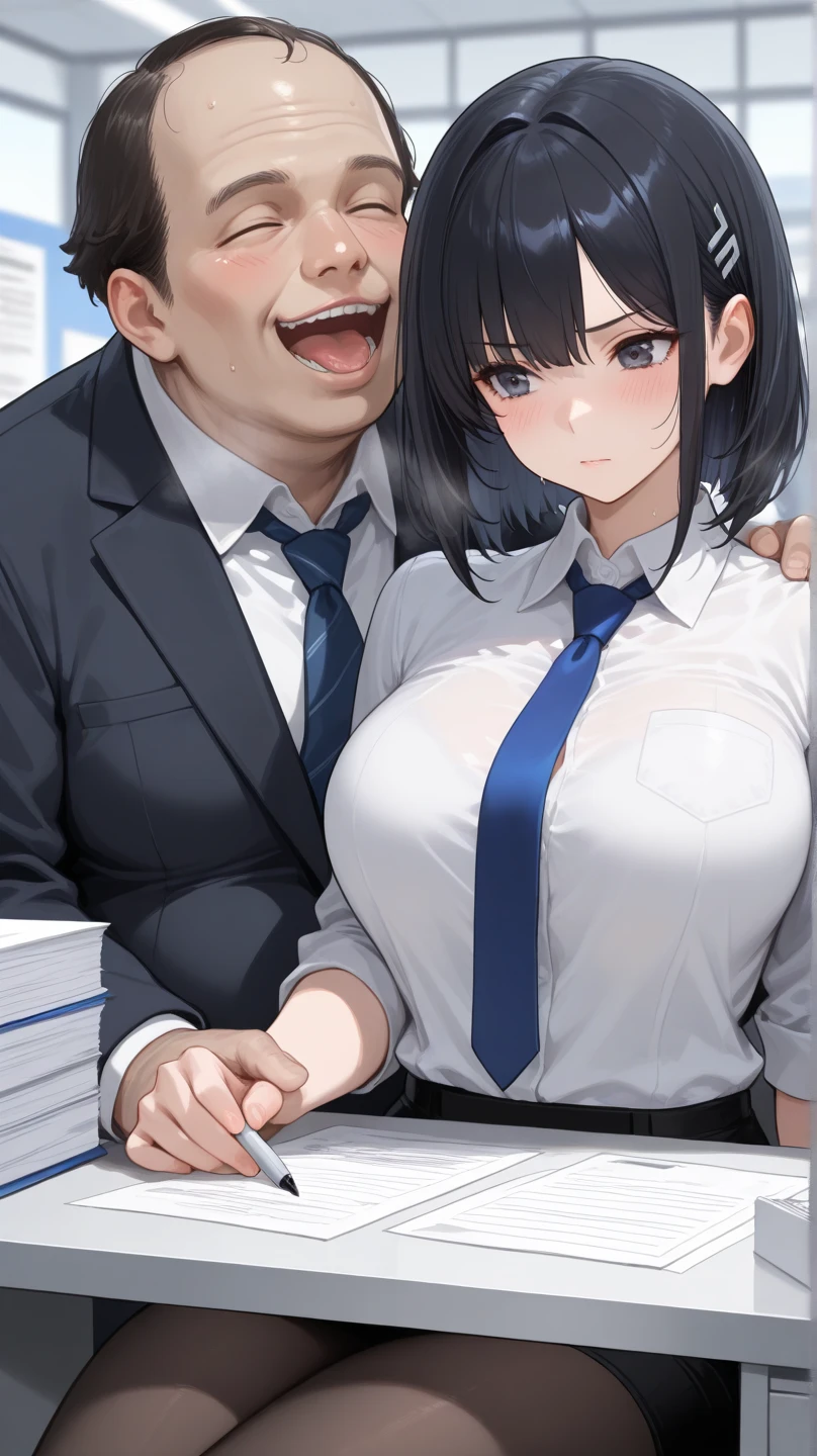 in the office,office girl is sitting on the chair, office girl is looking at upper right,( office suit,bra lift,mini skirt, open shirt , pulled bra, blush,surprised,nipples , handjob, cum on breasts),( ugly man is lifting girl's bra from behind),( ugly man  is grabbing breasts from behind) ,slim,two side up, black hair
