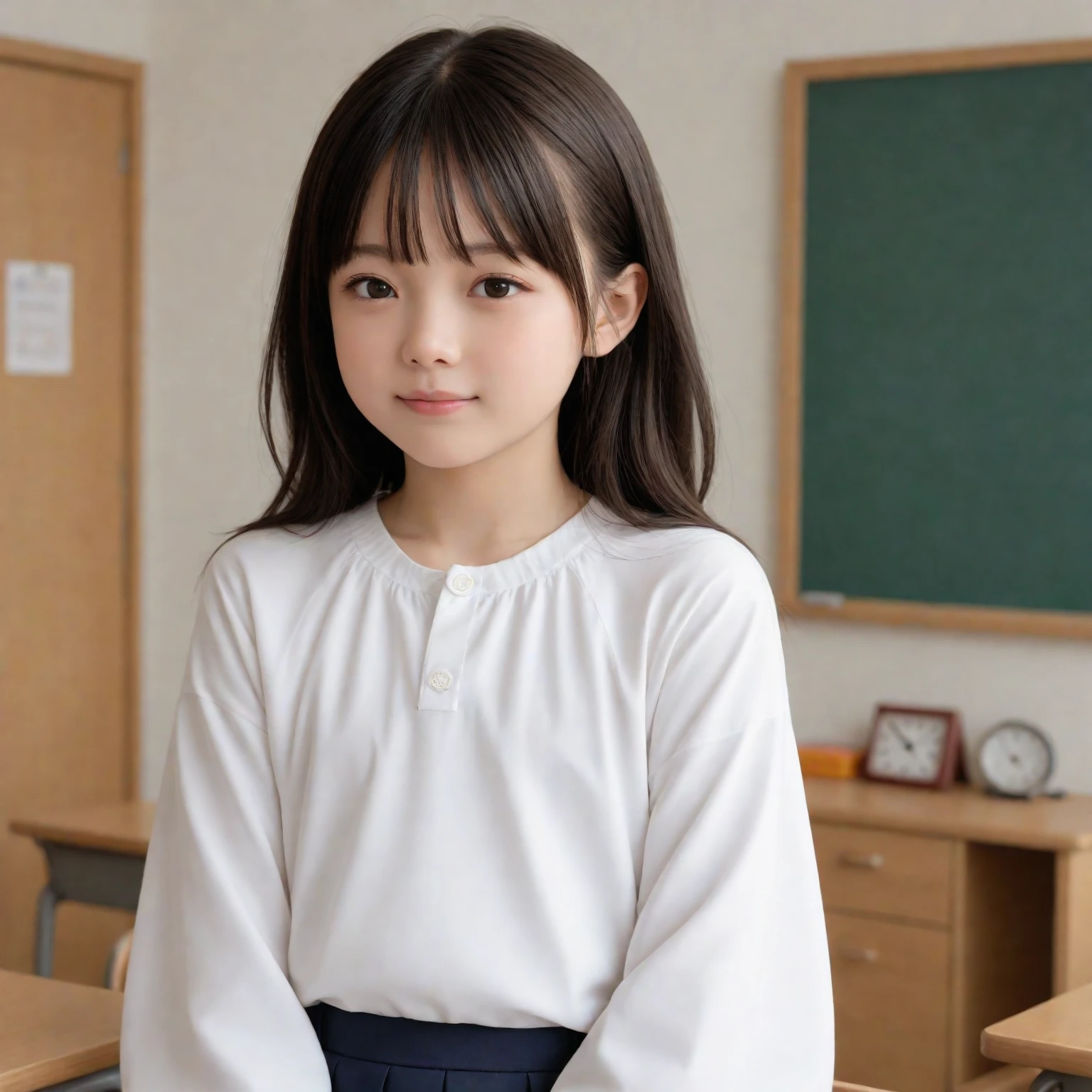 (happy expression:1.26)、RAW photo、(((Ultimate beauty full body photo shoot)))、((glowing skin))、1 girl、10 year old beautiful girl in Prague、10th generation、primary school student、young、Young Face、bright look、detailed face、bewitching、((black haired、short cut hair:1.2))、long skirt((standing on tiptoe))、counter point shot、((super detailed))、(Perfectly detailed face)、(detailed hands)、(finger details)、(excellent human structure)、photorealistic imageasterpiece、最high quality、super detailed、film light、intricate details、High resolution、very detailed))、detailed background、8KUHD、Digital single-lens reflex camera、soft light、high quality、film grain、Fujifilm XT3 、shallow depth of field、natural soft light、Kamimei、classroom、View from slightly below、