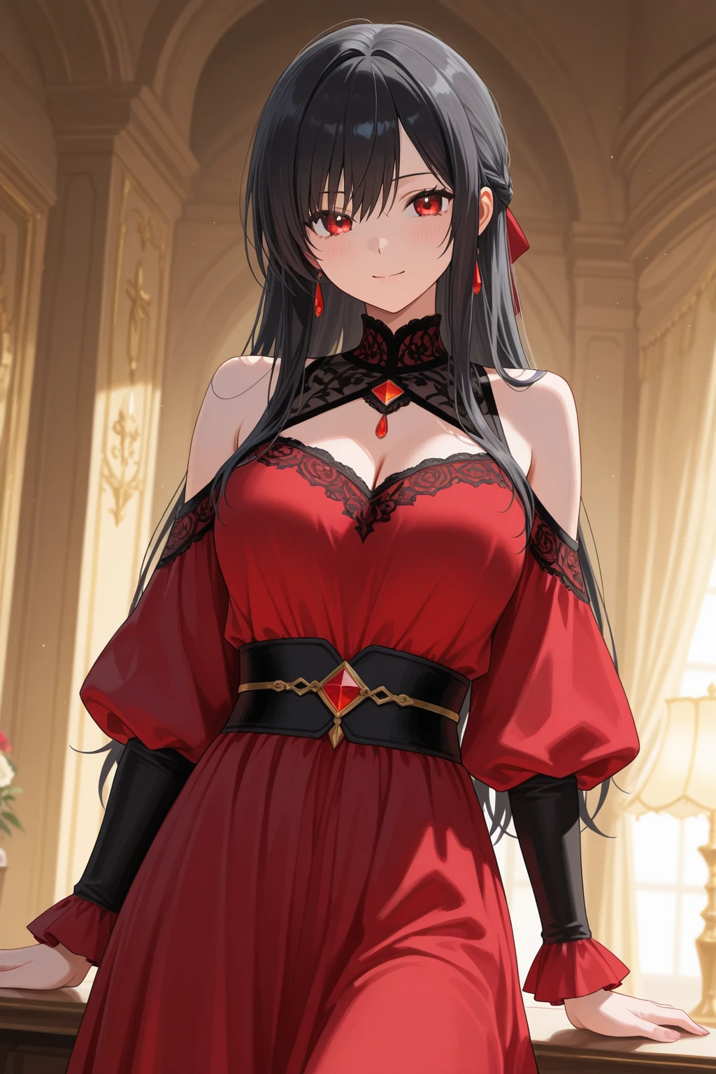 It's snowing, (1 black long hair girl, Detailed red eyes:1.4, Glossy:1.1 mouth, in a red princess dress, sexy smile, Standing), in balcony.masutepiece, beautiful detailed growth.