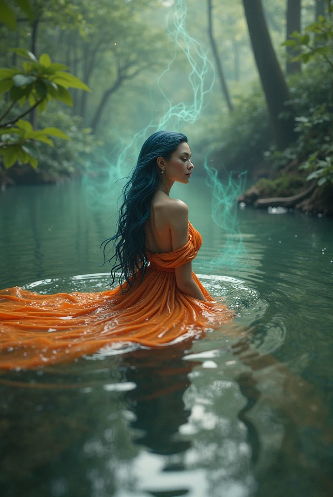 A green-haired woman is standing in the river, nymph in the water, photoshoot rainha dos oceanos, in the water up to your shoulders, fantasy photo essay, usando uma roupa justa esverdeada, On the water, filmed cinematic goddess, a dazzling young ethereal figure, Deusa da natureza, ethereal beauty, water fairy, em um lago, dress made of water, fundo cyberpunk 2077, modern building, Dark aesthetic, darkness, visual louco, cinematographic, Grain, obra-prima, melhor qualidade