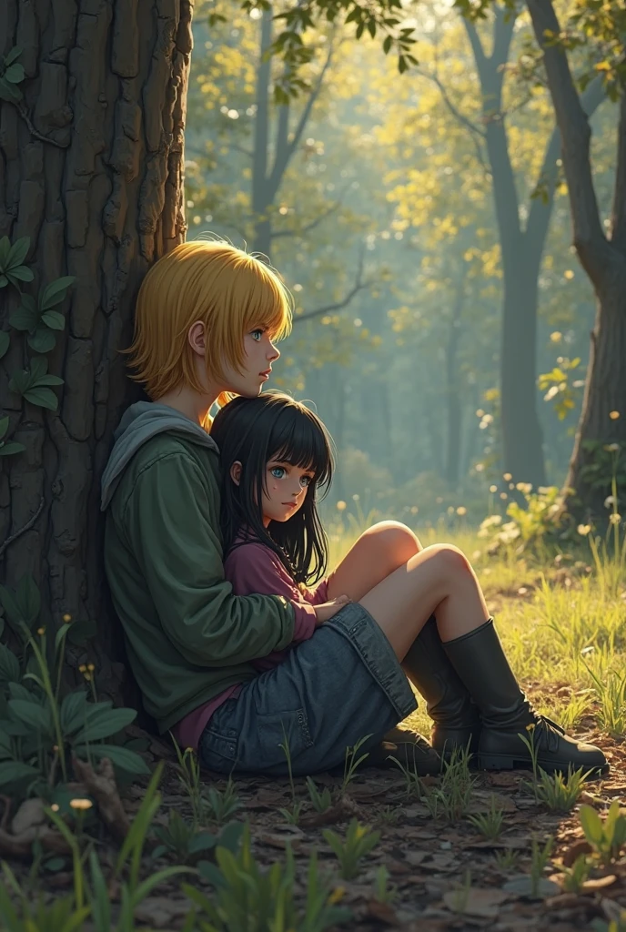 couple of lovers are lying under a huge tree in another world