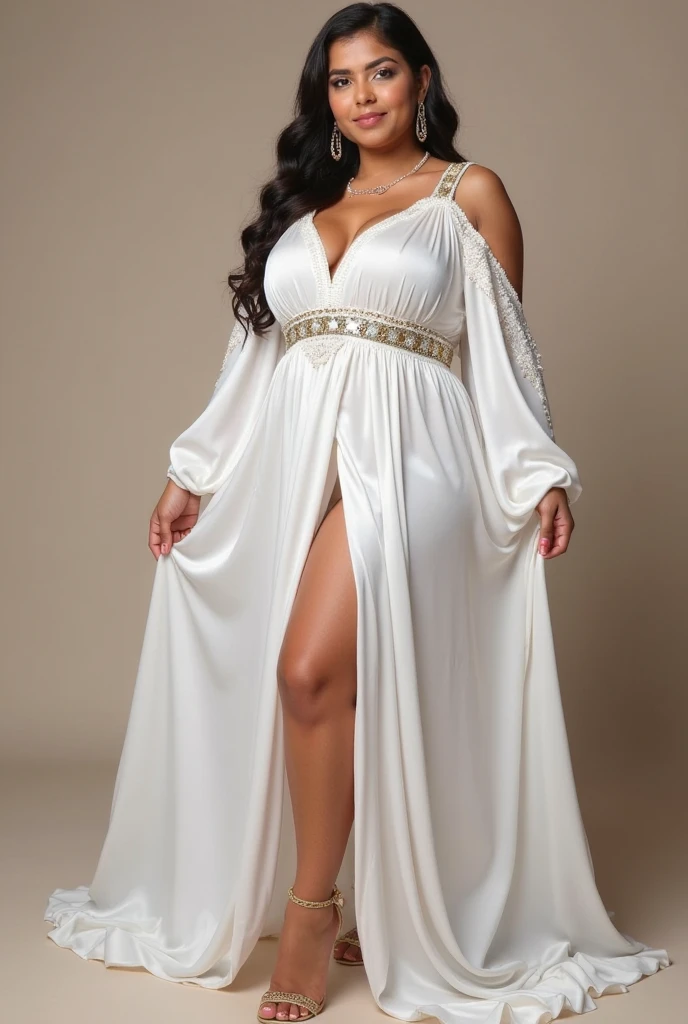(photorealism:1.2), beautiful woman vlaria on Facebook in dress plus size white color full size images