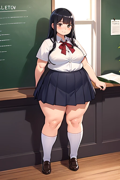 ((highres)), Masterpiece, high quality, best quality, beautiful, perfect lighting, detailed face, ultra cute face, ((1girl)), ((solo)), short black hair, hair over one eye, green eyes, pale skin, ((blush)), shy, arms behind back, (black tank top), (short plaid pleated skirt), thigh highs, chocker, large breasts, (wide hips), (thick thighs), chubby, standing in a classroom,