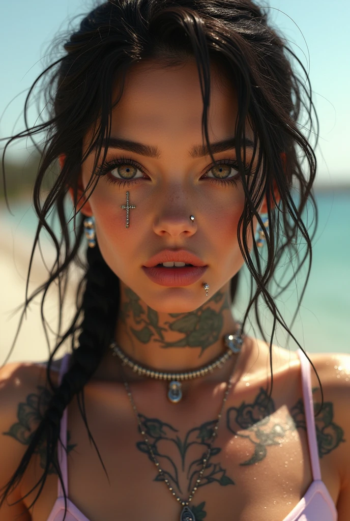 full body portrait of a 2 girl, RAW, beautiful woman, skull necklace, semi-open strawberry lips, lips in dark pink color with brightness, dimples, nostalgic look, green eyes, detailed skull tattoo, (extra dark straight brown blonde hair and a lock of blonde hair from the eyes), (detailed cheerful face), (detailed facial features), (detailed body features), (finely detailed skin), brunette skin, (high-tech cyberpunk thong calsinha), (round bunbum), dawning environment with uruguia flag in the background, punta del leste, (cold colors), damp, (masterpiece) (perfect aspect ratio)(realistic photo)(best quality) (detailed) photographed on a Canon EOS R5, 50mm lens, F/2.8, HDR, (8k) (wallpaper) (cinematic lighting) (dramatic lighting) (sharp focus) (intricate), RAW photo, RAW photo, gigachad photo, posing for camera, 8k uhd, dslr, high quality, grain film, Fujifilm XT3