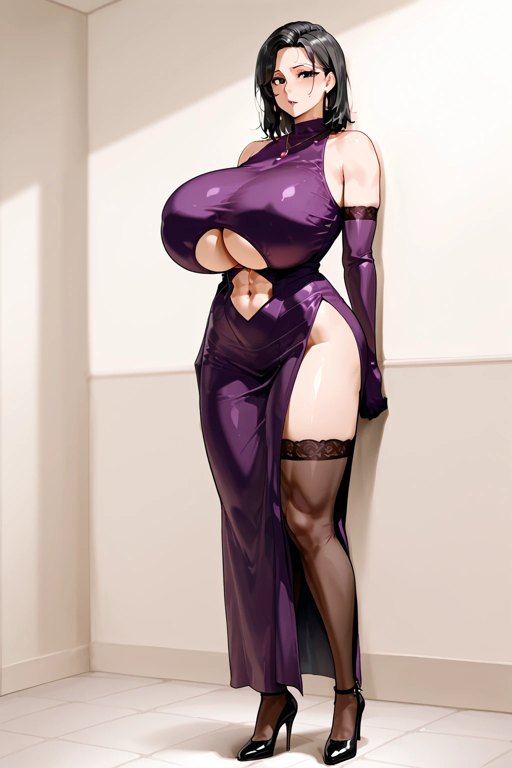 nose piercing, standing, jewelry, purple jumpsuit (insanely detailed, beautiful detailed face, masterpiece, best quality), cleavage, piercing blue eyes, full body shot