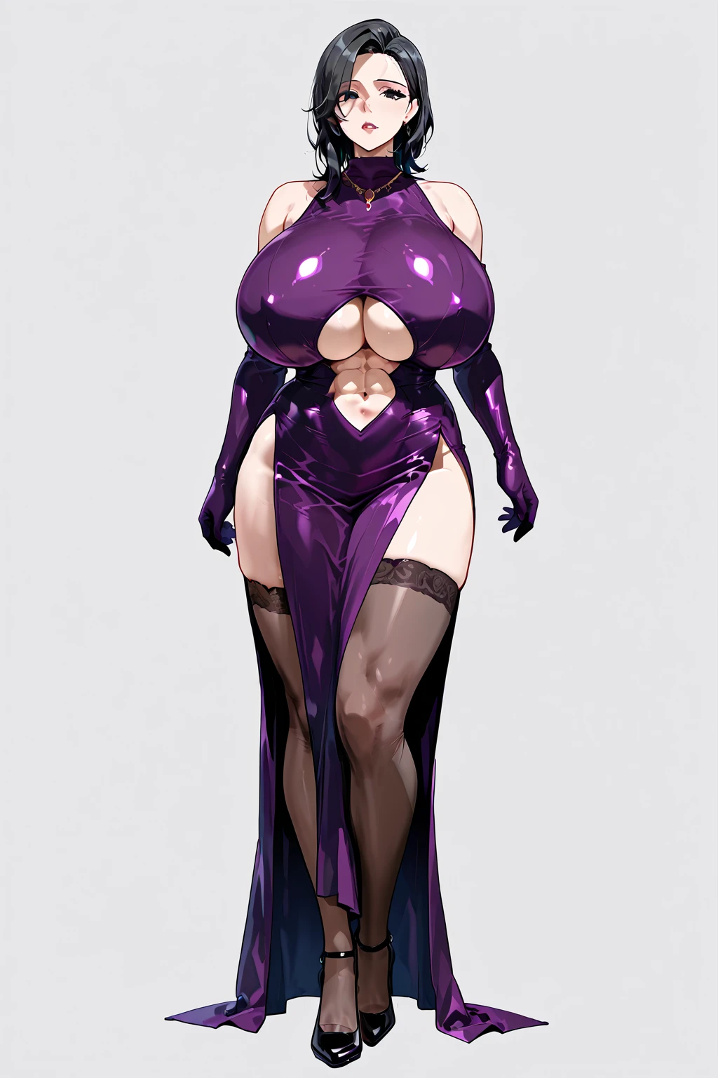 Shuten, arm guards, armor, black gloves, bodysuit, fingerless gloves, gloves, japanese armor, kote, loincloth, purple bodysuit, ribbed sleeves, tabard, toned, gigantic breasts, 4 arms, full body.