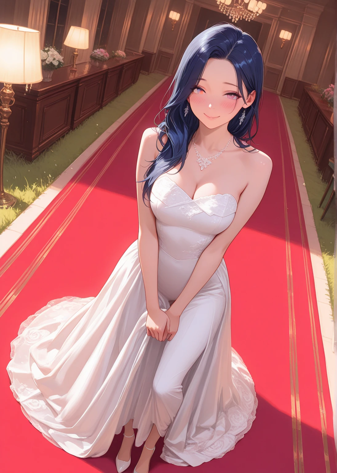 (8k, RAW photo, best quality, masterpiece:1.2), (intricate details), perfect eyes, perfect face, perfect lighting, beautiful, (masterpiece:1.2), (best quality:1.2), 1girl, solo, marinette, blue hair, ((loosen hair)), adult torso, 19 years old, slight smile, huge sized breasts, ( in dress, ), back view