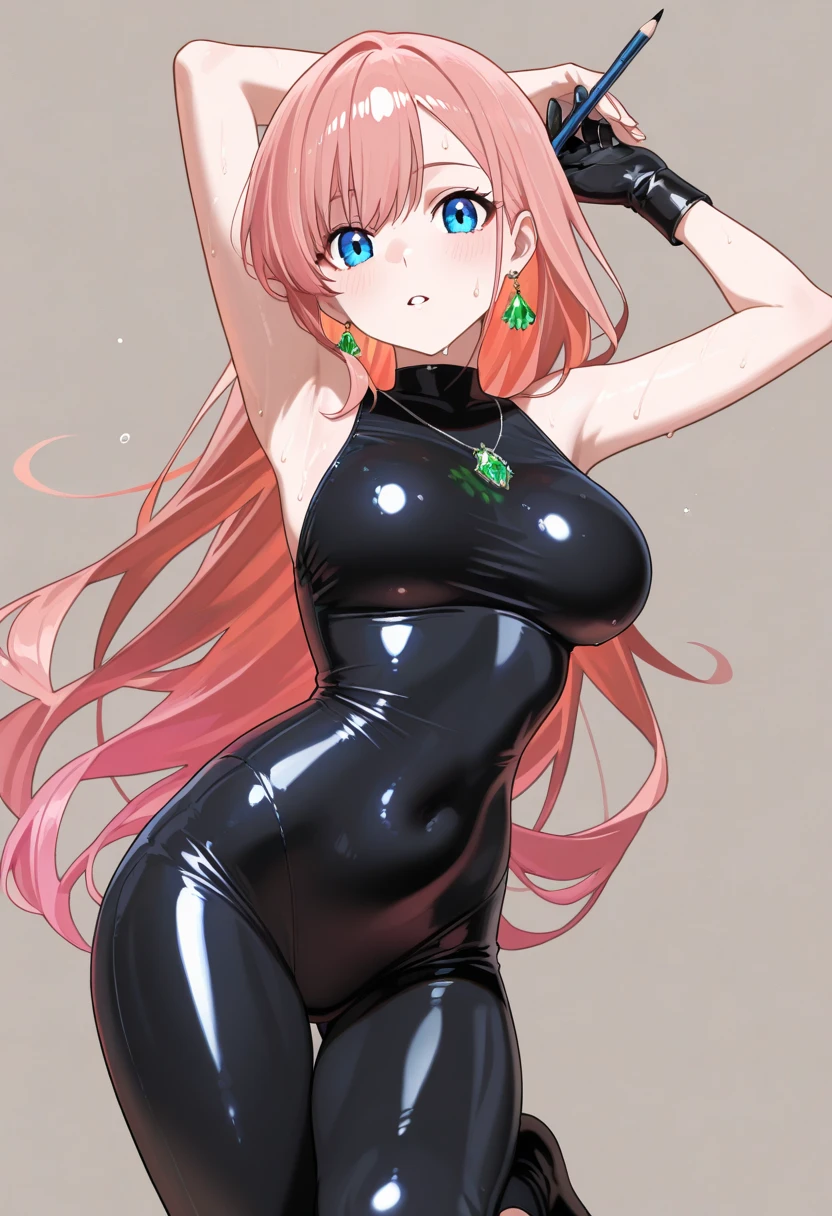 1 Girl, Medium Breasts, Half Orange Hair And Half Lime Green Hair, Split Hair Color, Two Hair Colors, Lime Green Eyes, Nice Eyes, Long Hair Style, Freckles, Nice Lips, Nice Nose, Pale White Skin, Smooth Skin, Uncaring, Sexy, Bitch, Tight Black Latex Outfit