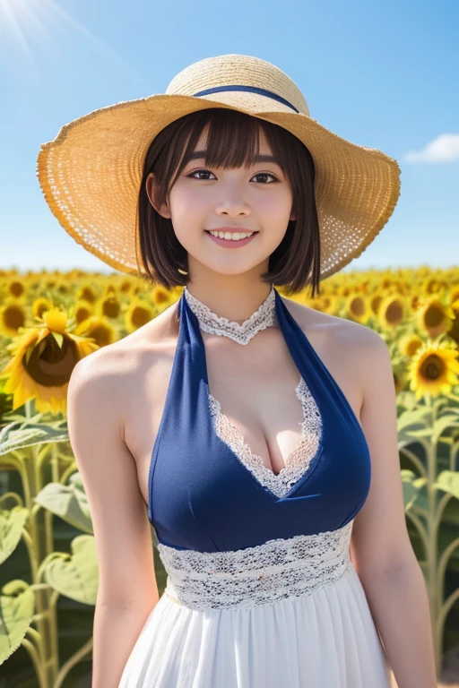 gyaru, dark-skinned, shiny oiled skin, blond hair, short cut hair, wearing white simple dress, wearing straw hat, standing in the Sunflower field, sunshine, blue sky, cumulonimbus clouds background, cinematic lighting, in the summer