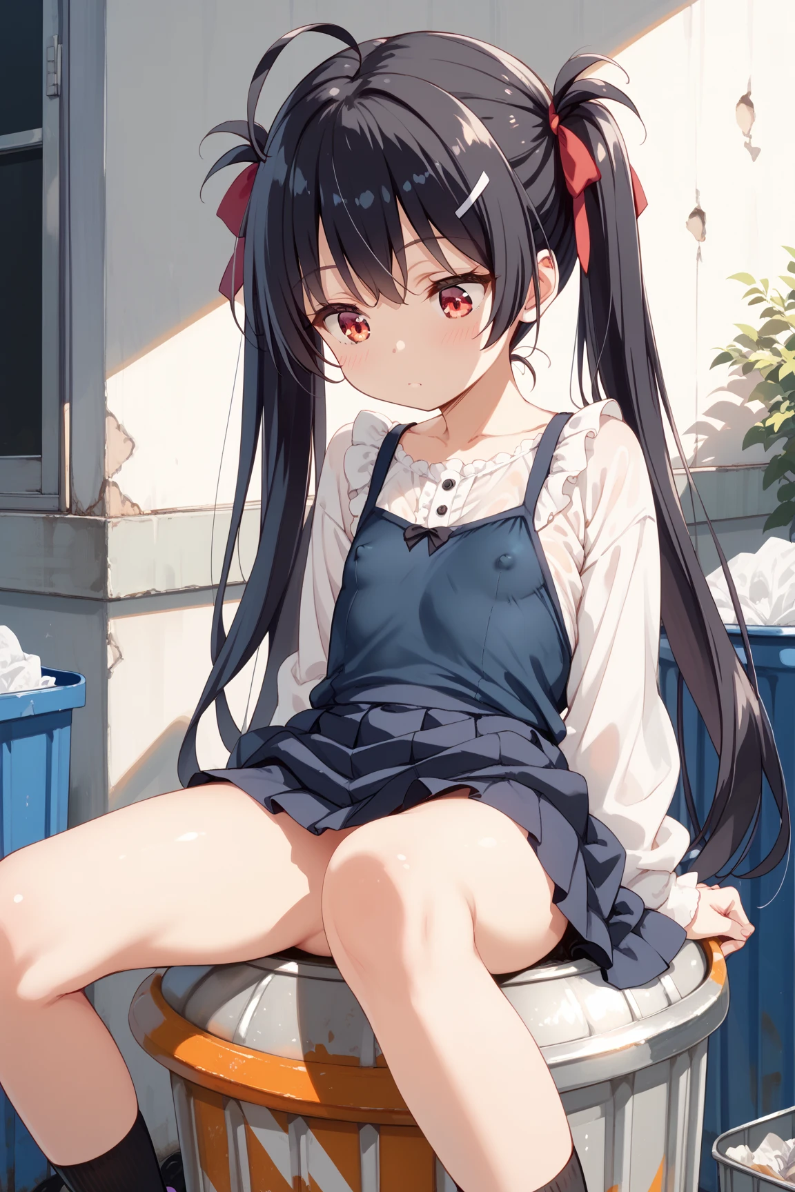 Young girl with black hair, long twintail, twintail hairstyle, (blue eyes),, ((small bushy eyebrows)), wearing gothic lolita clothing, lolicon , walking to school, flirty smile, (sitting with legs open lifting her skirt to show her vagina wet with semen),
