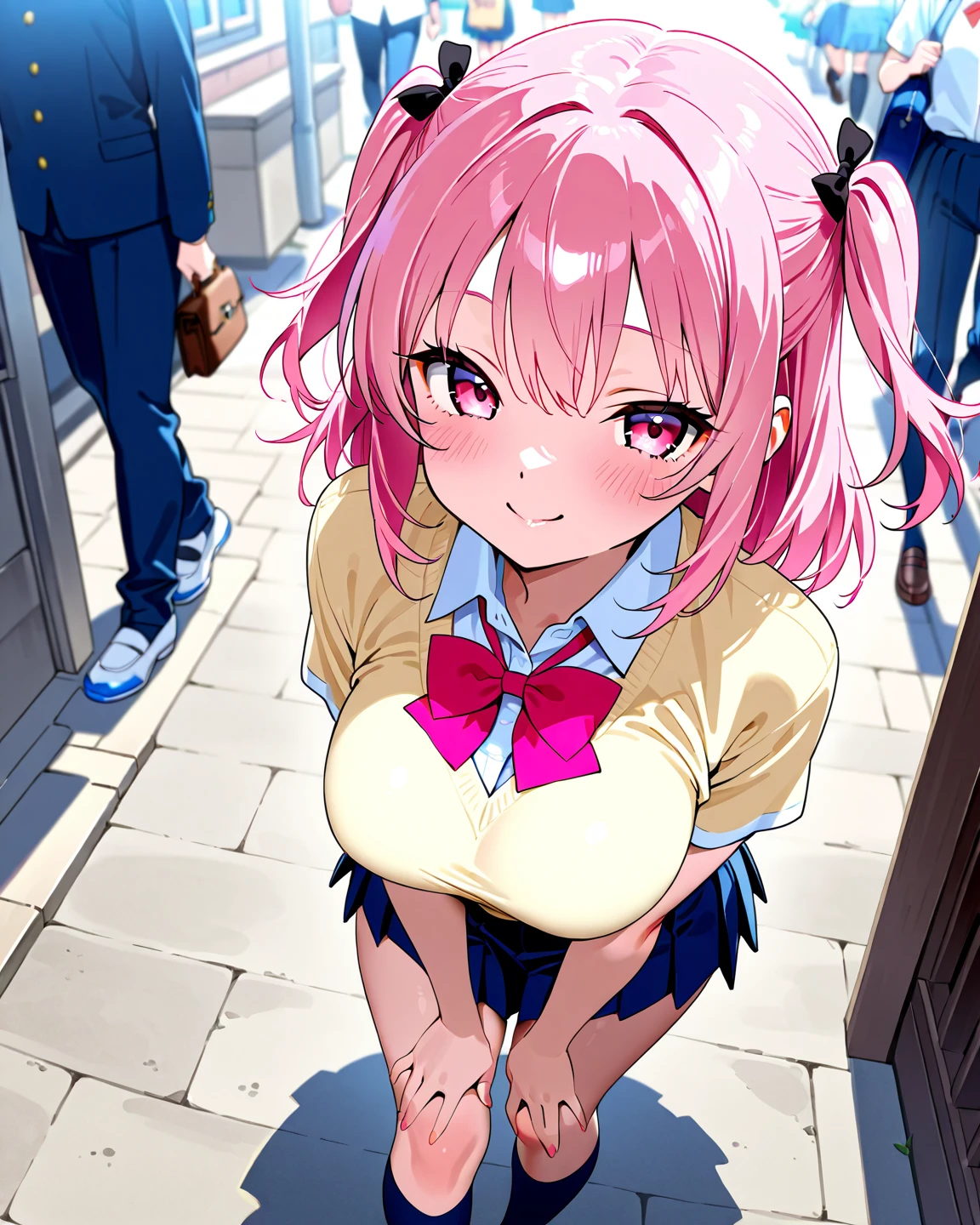(Perfect body),Best Quality,(8K Portrait),(Official art)、((NSFW))、((((Lori))))、(((Brown skin)))、((((Short stature))))、is crying、embarrassed from、1girl in,((((:o))))、((Wavy mouth))、Surprised、One eye is closed、(blush),(Sweat),(((flat chest)))、(thick thighs)、(big butts)、((Pink hair))、((Short hair))、((Wavy Hair))、(Cream cardigan)、whiteshirt、(Pink tie)、(Blue mini skirt)、(Light blue striped panties)、((((Panchira))))、 White knee socks、(yellow eyes)、Cowboy Shot、In the street、(sitting on ground)、((spreading legs))、Falling