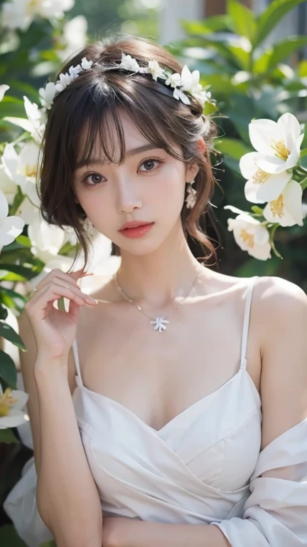 best quality,masterpiece,1girl, solo, (torn clothes:1.3), upper body, lying on field, blush,,surrounding by flowers,falling_petals, outdoors, petals,,floating_hair,white dress,Camisole dress
