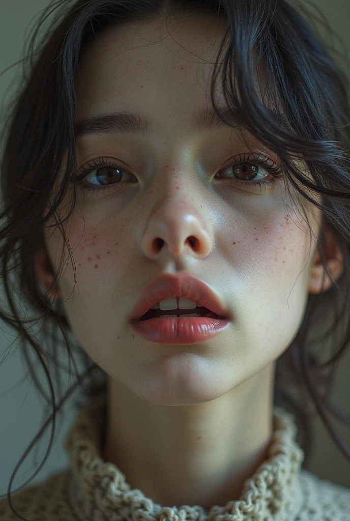 Detailed and realistic portrait of a woman with some freckles, round eyes and messy short hair, wearing a white t-shirt, staring at the camera, chapped lips, soft natural light, portrait photography, magical photography, dramatic lighting, photorealism, ultra-detailed, intimate portrait composition, Leica 50mm, f1. 4 pcs