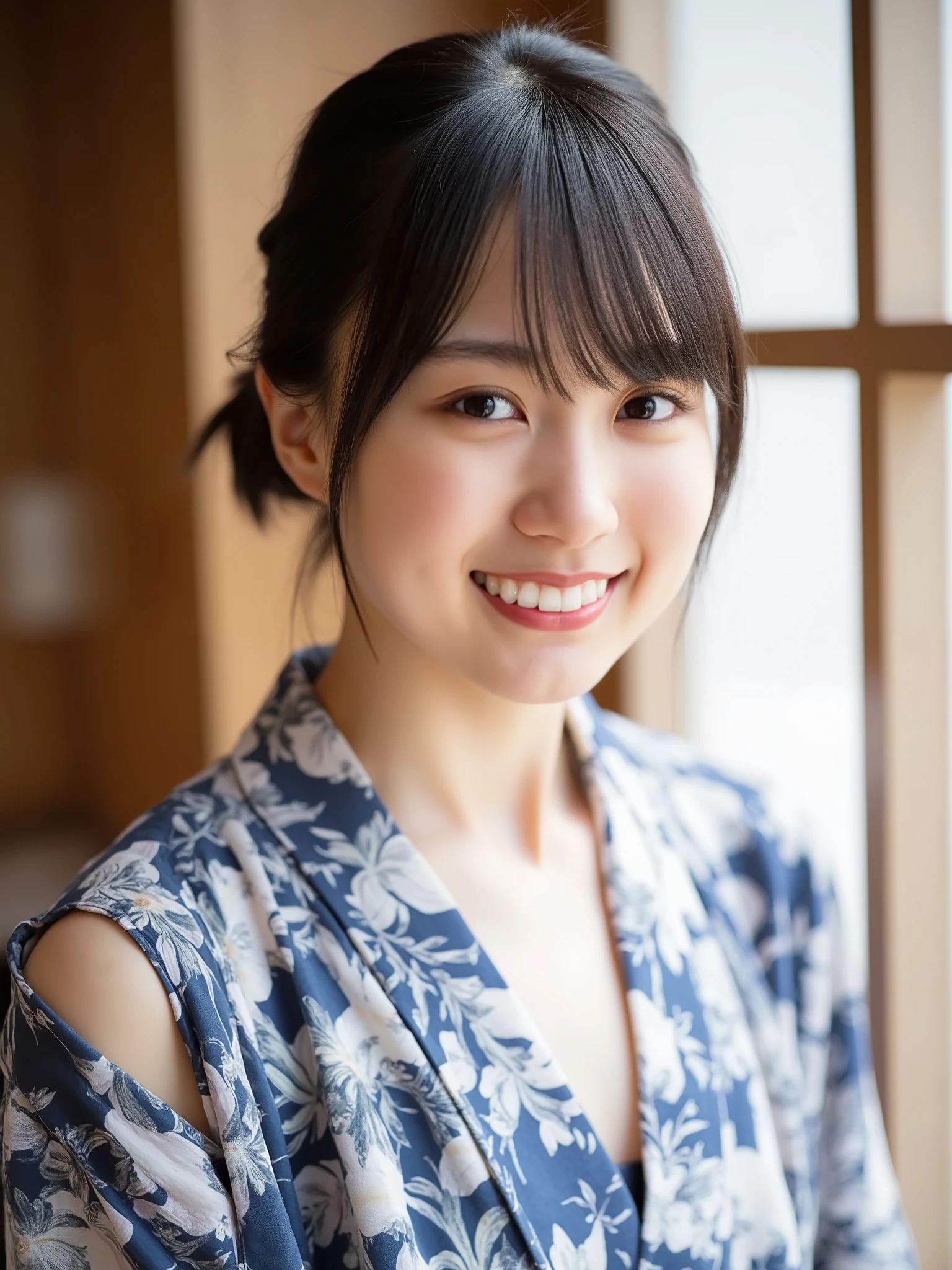 Beautiful YUKATA GIRL, one young girl, detailed face, realistic textured skin, perfect anatomy, perfect fingers, very cute face, wonderful face and eyes, highly detailed eyes, highly detailed face, Fresh, very beautiful appearance, Ultra-realistic, High resolution, highest quality, RAW photo, realistic, Photoreal, professional photography, (A girl in a Japanese yukata, floral pattern yukata), Random hairstyles, random hair accessories, (wide open chest:1.8), big breasts, (cleavage:1.5), (open shoulders:1.8), smile a little, look at me, Bedroom, girl portrait, The Japanese-style room 