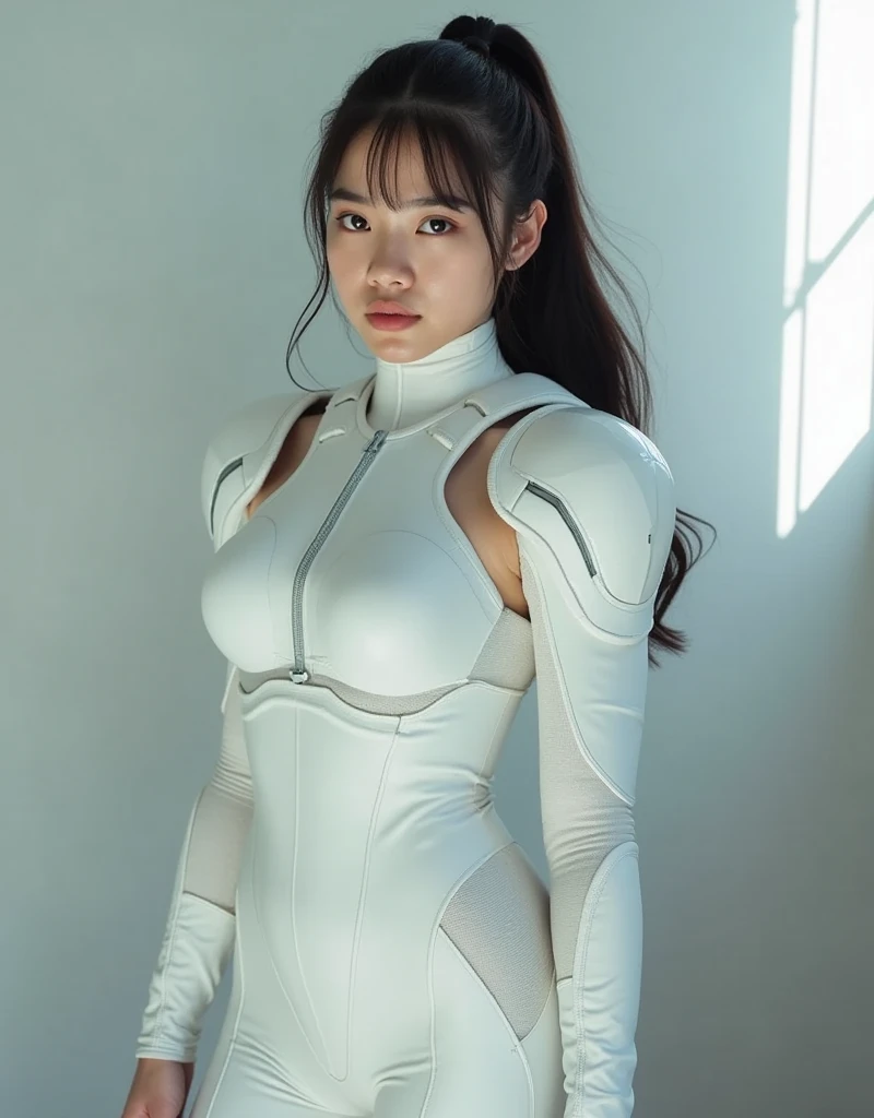One girl,Realistic, she is sanitation worker, Sharp focus, ultra realistic photo, High resolution, Alone, full body photo,wearing White futuristic combat Armored tight , ((storm shadow)). white futuristic Armored tight suit. Beautiful woman, european russian japanese women、white pilates pants. black long tied hair. standing view from head to knee. front side view. half side pose look at you. ((line of sunlight))