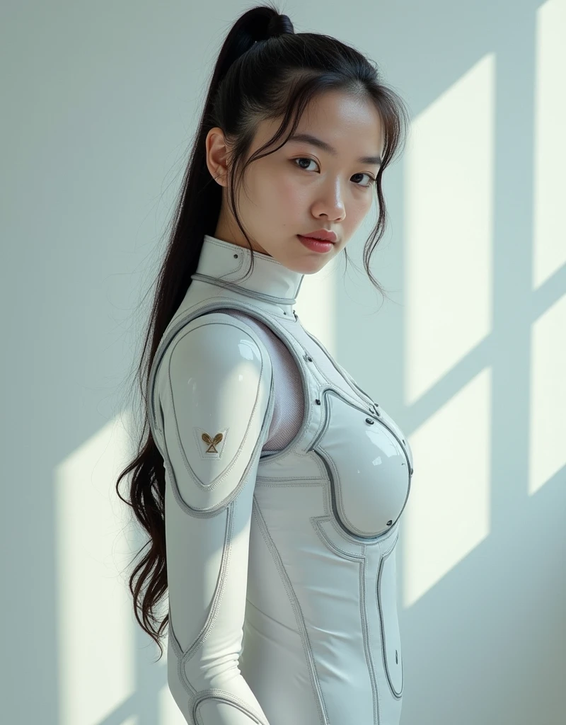 One girl,Realistic, she is sanitation worker, Sharp focus, ultra realistic photo, High resolution, Alone, full body photo,wearing White futuristic combat Armored tight , ((storm shadow)). white futuristic Armored tight suit. Beautiful woman, european russian japanese women、white pilates pants. black long tied hair. standing view from head to knee. front side view. half side pose look at you. ((line of sunlight))